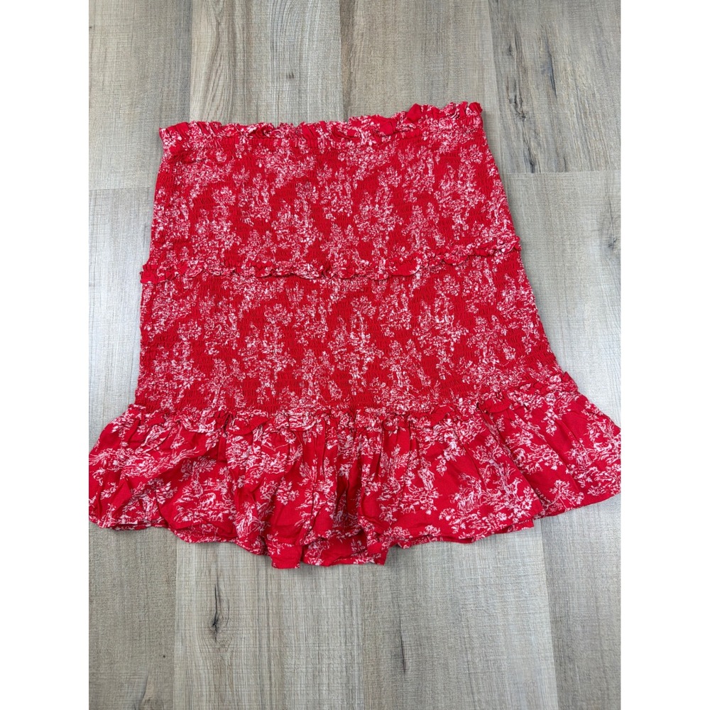 Urban Outfitters Red Floral Smocked Tiered Mini Skirt Ruffle Hem Large OB933597